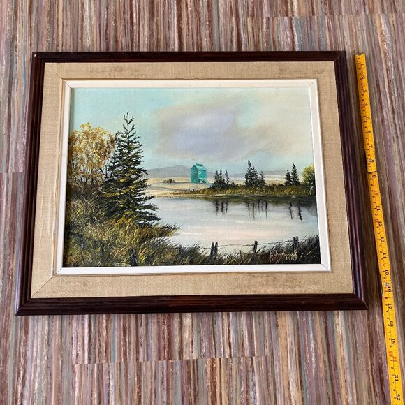 Prairie Grain Elevator Pond Landscape Framed Oil Painting Vintage 1987 R Jancsek - Picture 6 of 6